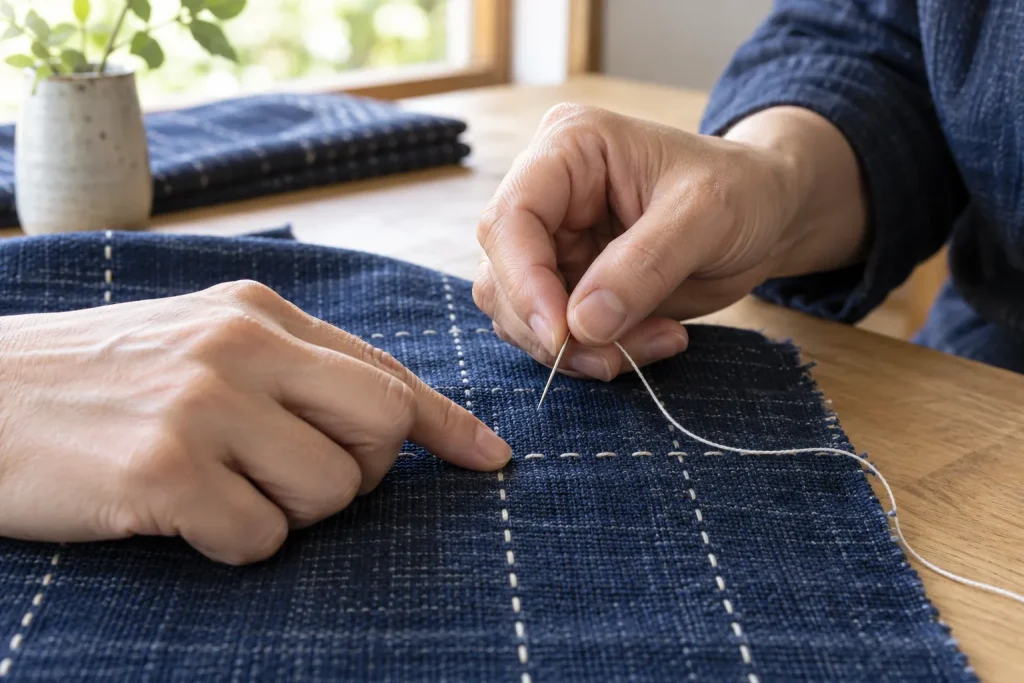 Hands counting visible warp threads on indigo cloth before placing a white running stitch