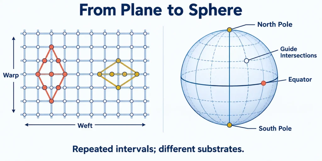 From Plane to Sphere: woven cloth grid compared with a pole-and-equator temari division