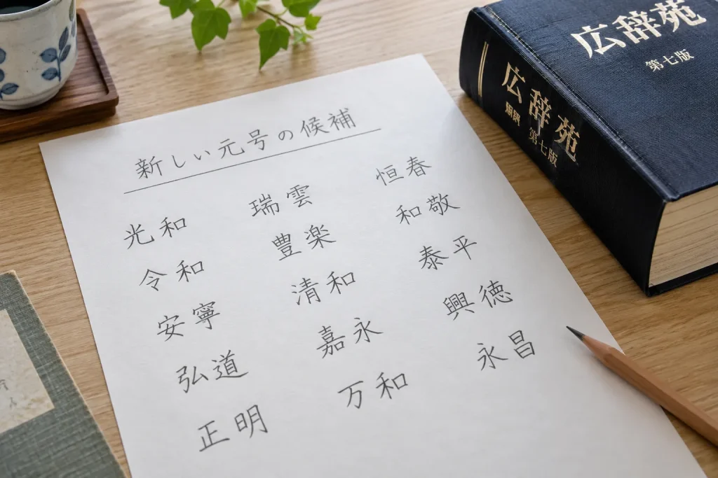 A handwritten sheet showing several two-kanji era-name candidates beside a Japanese dictionary