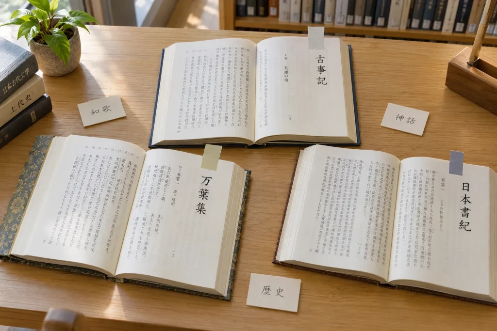 Open editions of the Man’yōshū and early Japanese chronicles with two-character combinations marked on note cards
