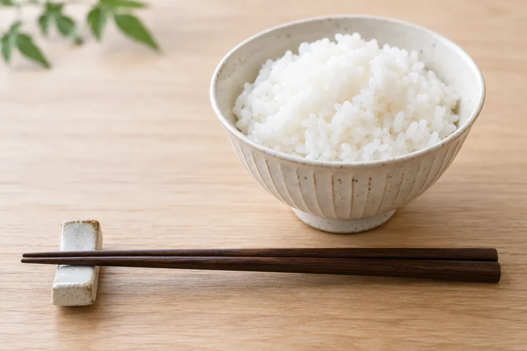  Chopsticks resting horizontally on a ceramic chopstick rest beside a bowl of rice