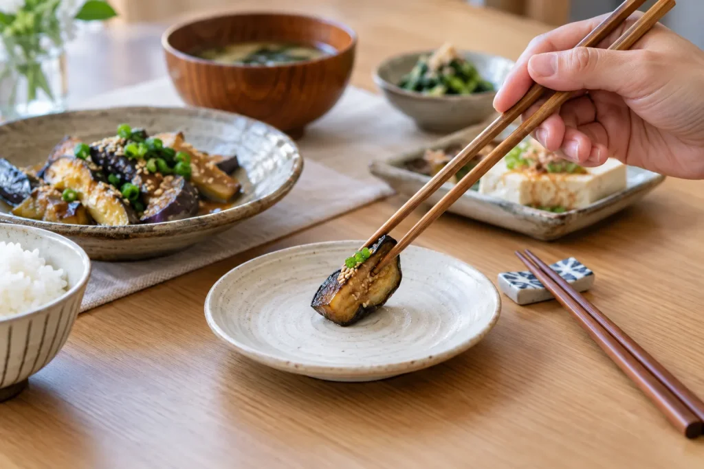 A diner placing a small piece of food onto another person’s individual plate instead of transferring it between chopsticks