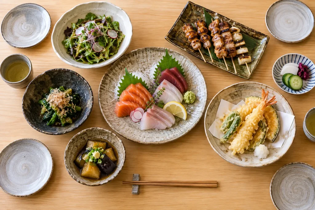 Shared izakaya dishes with serving utensils and separate individual plates for each diner