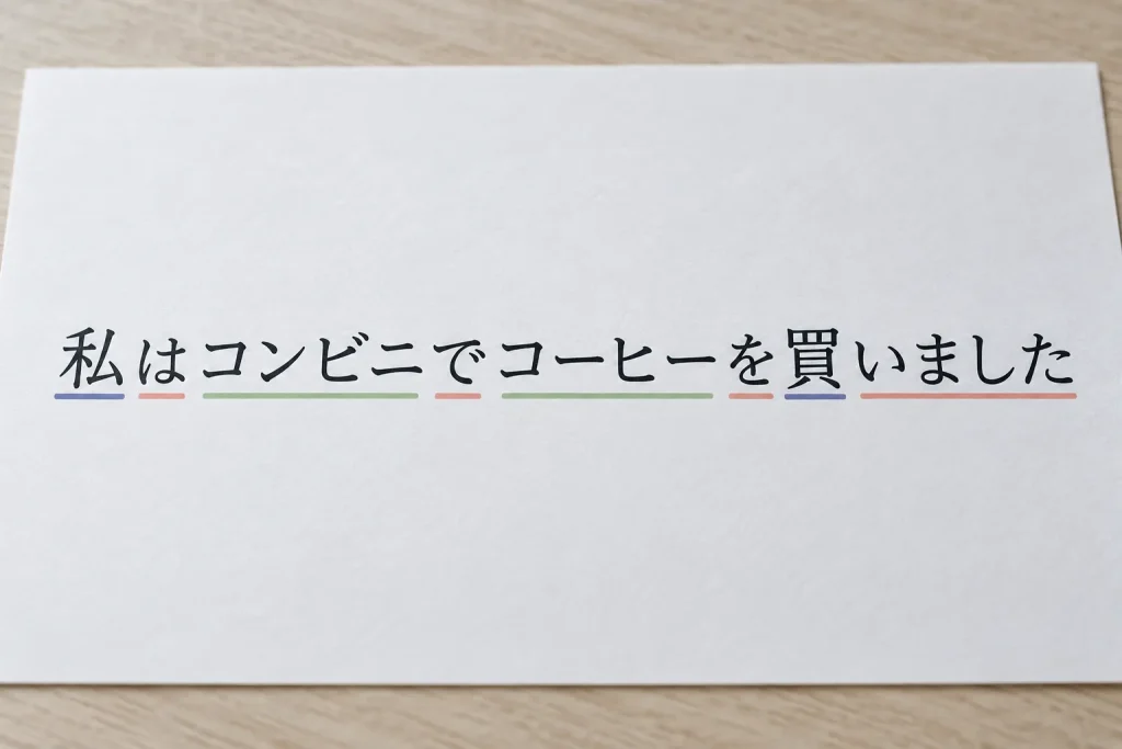 The sentence 私はコンビニでコーヒーを買いました printed clearly with its three scripts visually distinguishable