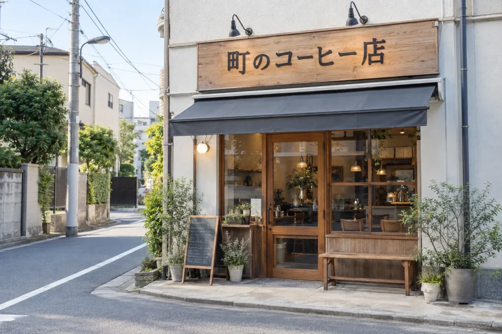 A bright Japanese streetscape detail showing natural katakana on storefront signs beside kanji and hiragana