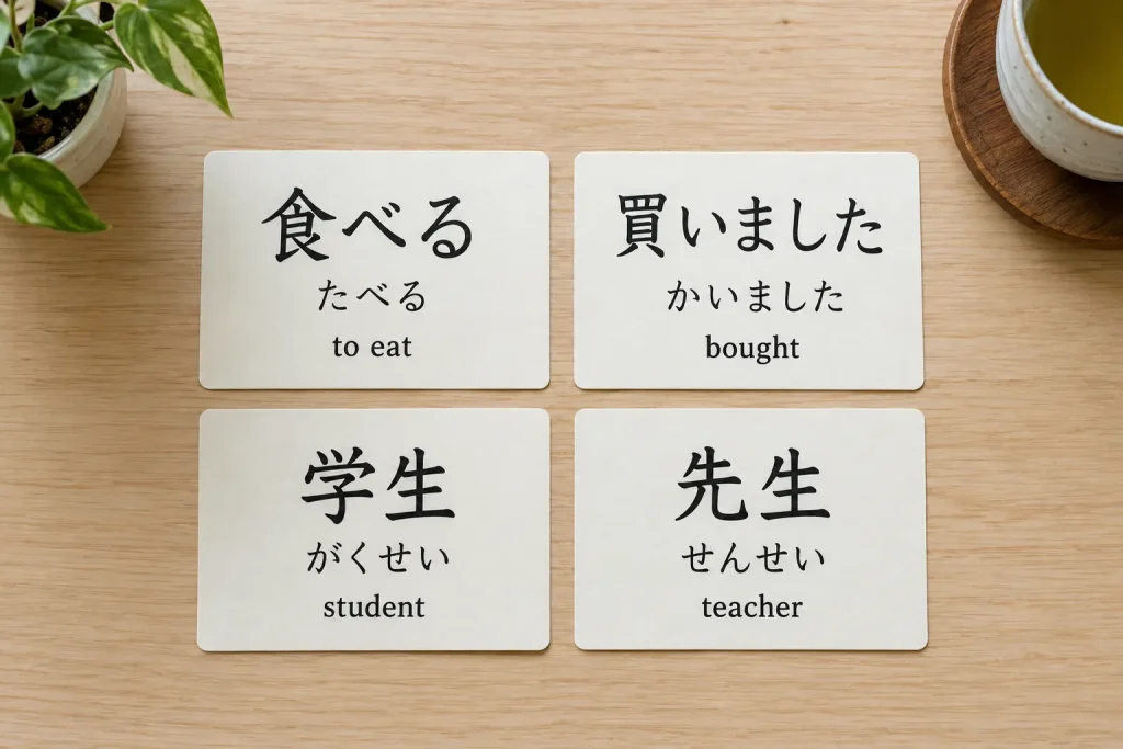 Vocabulary cards showing complete Japanese words with kanji, kana endings, readings, and meanings