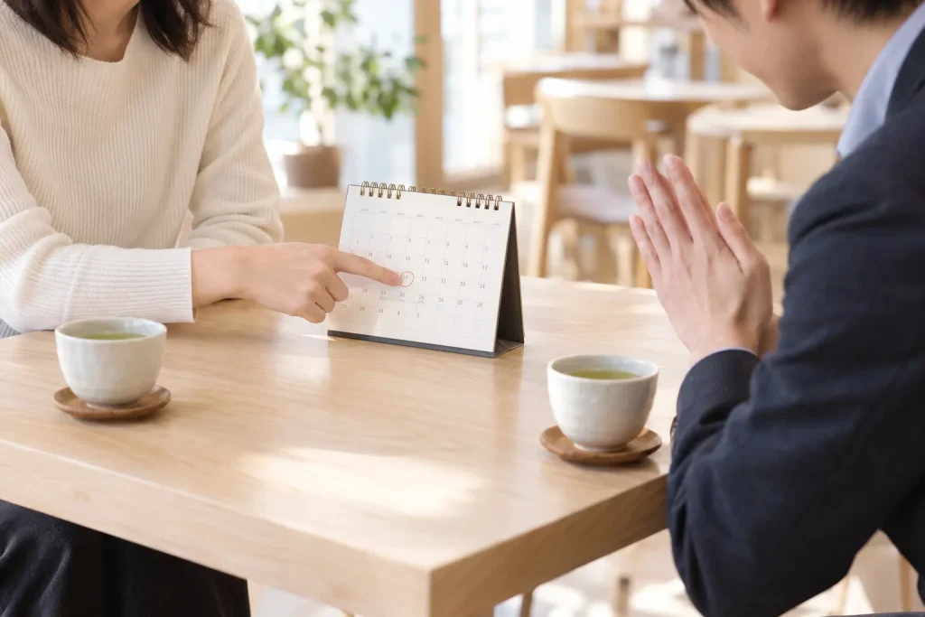 A Japanese café conversation with one person politely declining an invitation.
