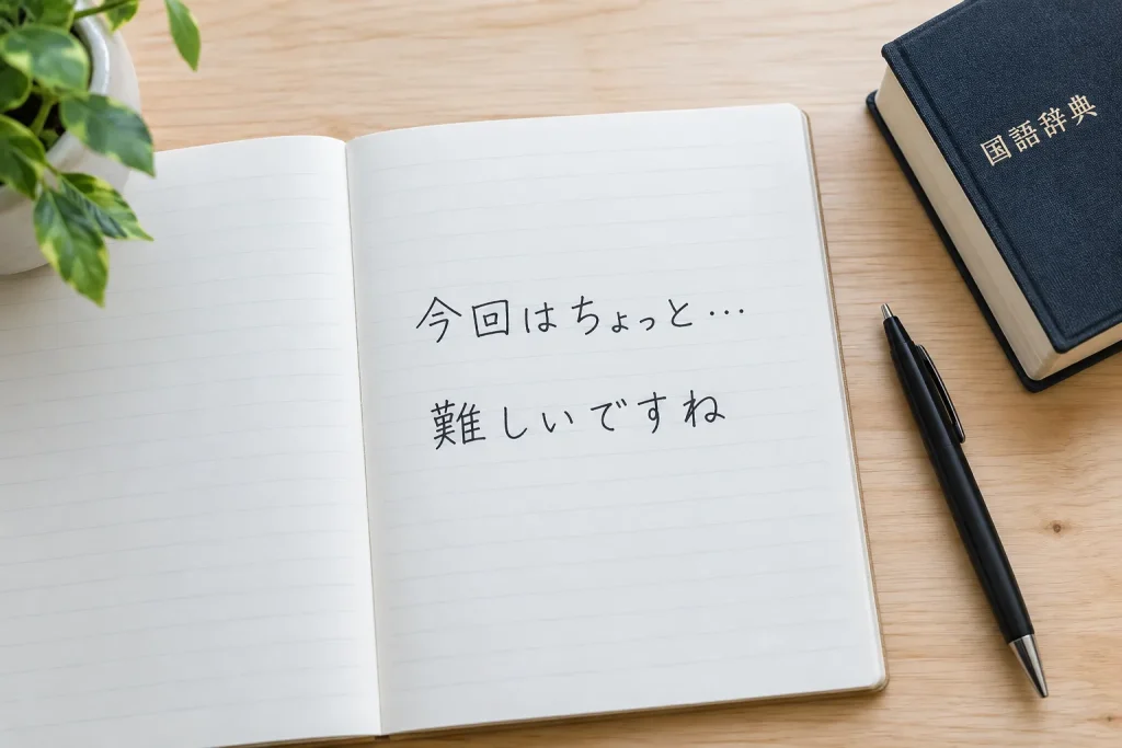 A handwritten Japanese note containing 今回はちょっと… and 難しいですね