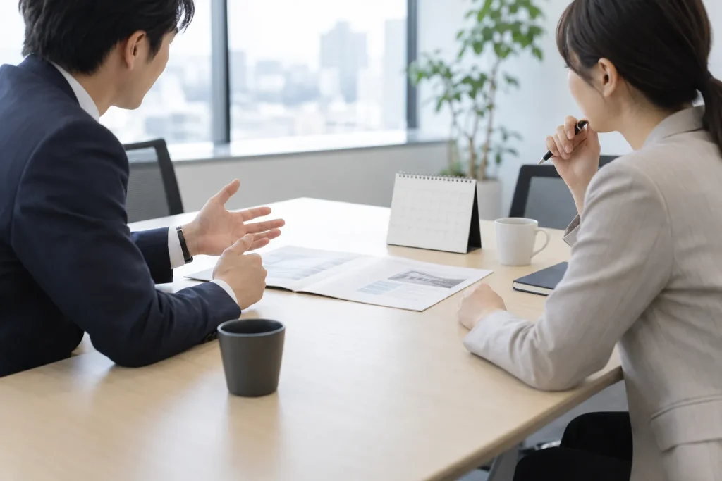 Two colleagues discussing a proposal at a bright meeting table, with a calendar between them