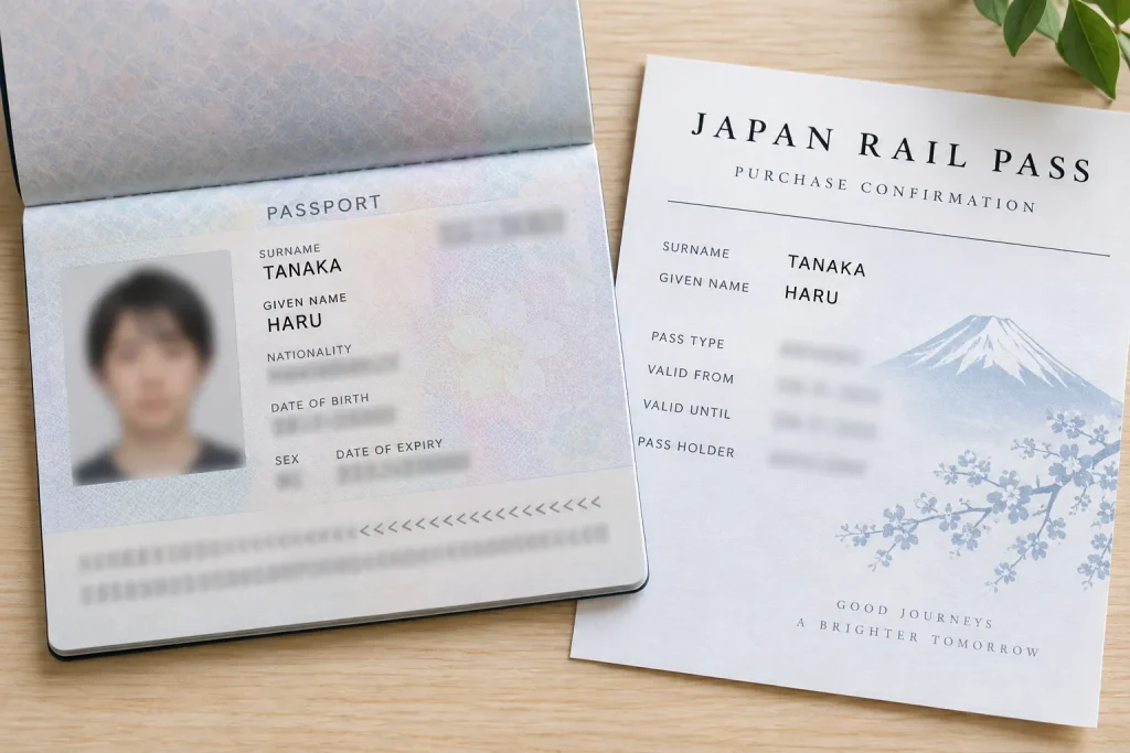 A passport beside a Japan Rail Pass purchase confirmation with matching Roman-letter name fields.
