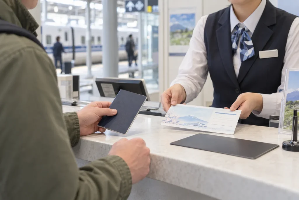A traveler collecting a Japan Rail Pass at a staffed JR counter while presenting a passport