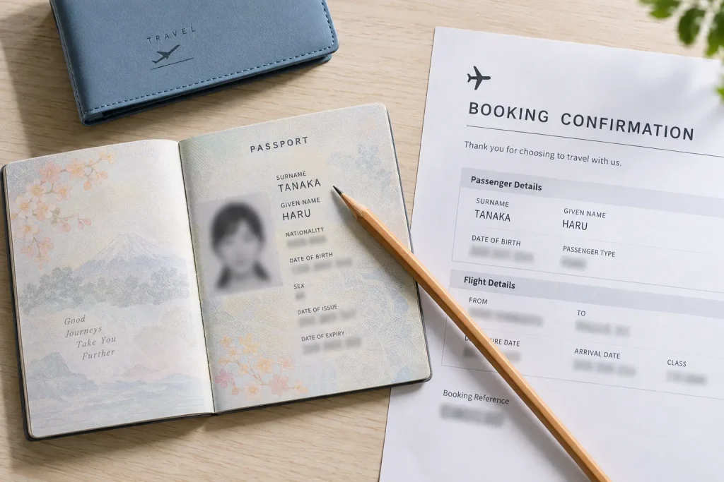 An airline booking confirmation beside a passport, with the surname and given-name fields being compared.