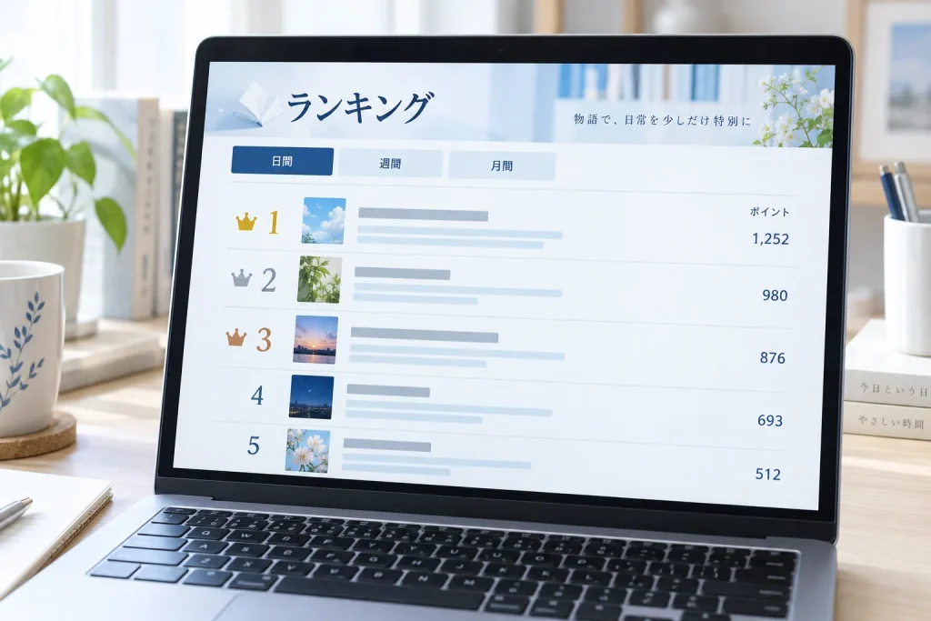 A Shōsetsuka ni Narō ranking page displayed on a laptop beside a printed Japanese light novel.