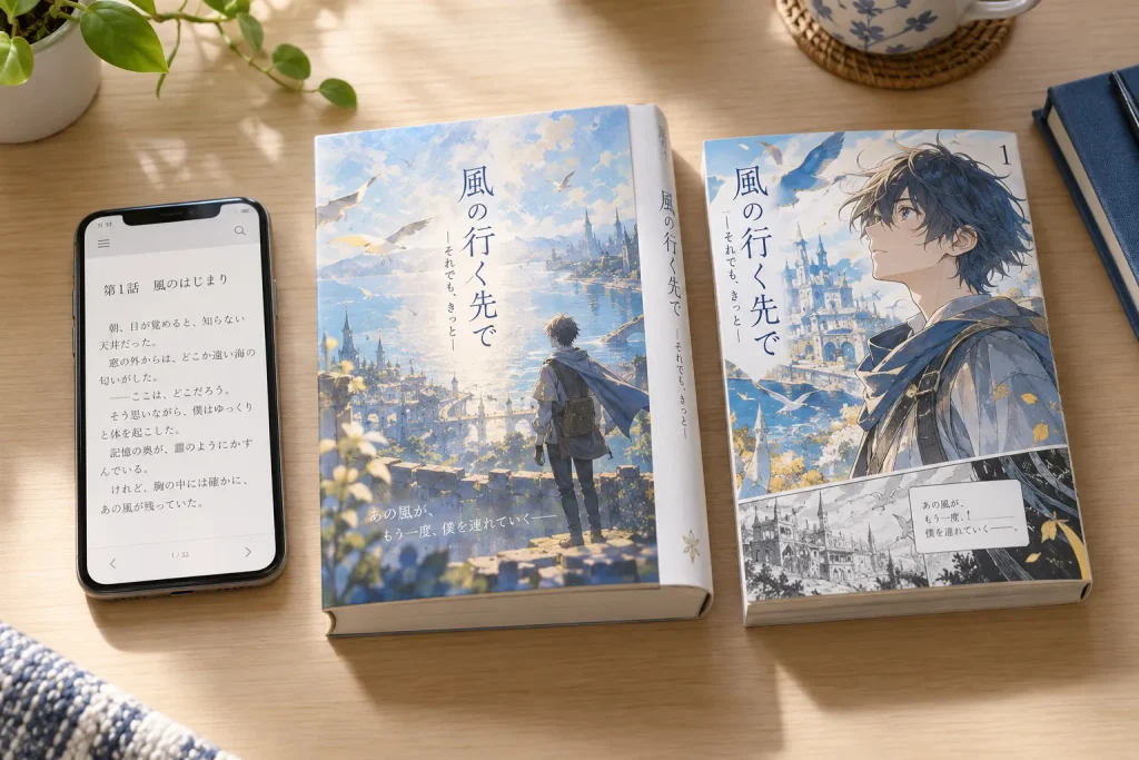 One Japanese story represented by a browser edition, a bound light novel and a manga volume arranged in publication order