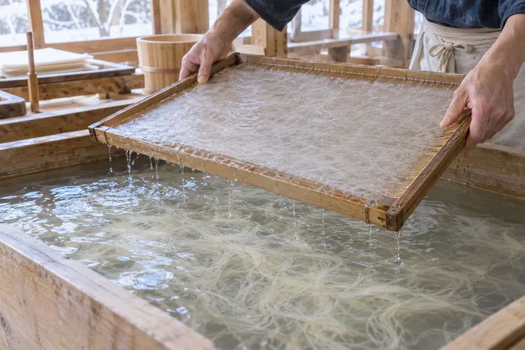 A papermaking vat containing suspended kōzo fibers, a bamboo screen and newly formed wet washi