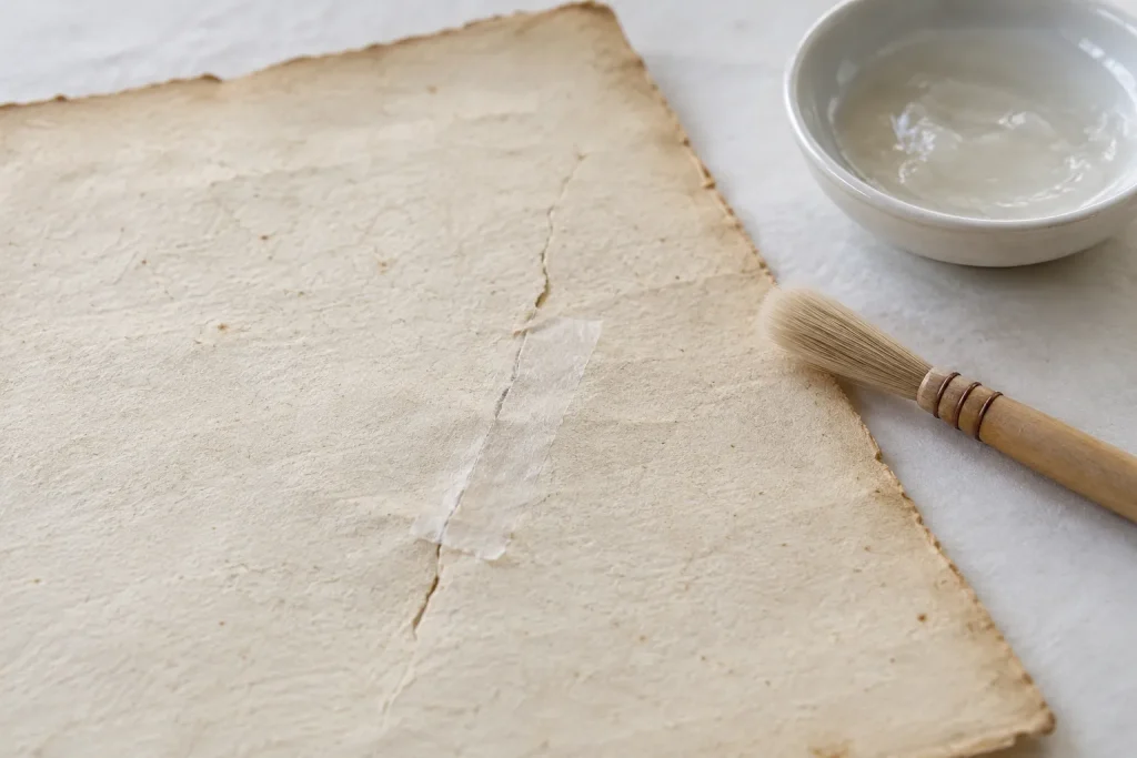 A thin strip of kōzo repair paper aligned over a tear in an old book page beside a soft brush and wheat-starch paste