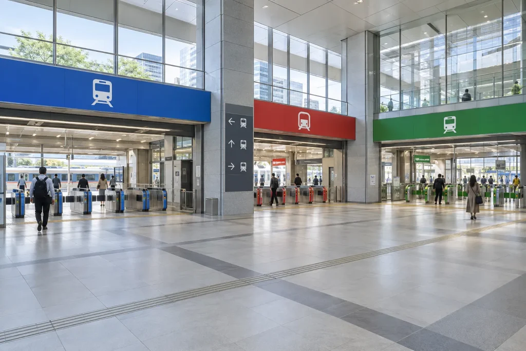 A Japanese station concourse showing separate JR, subway and private-railway signs.
