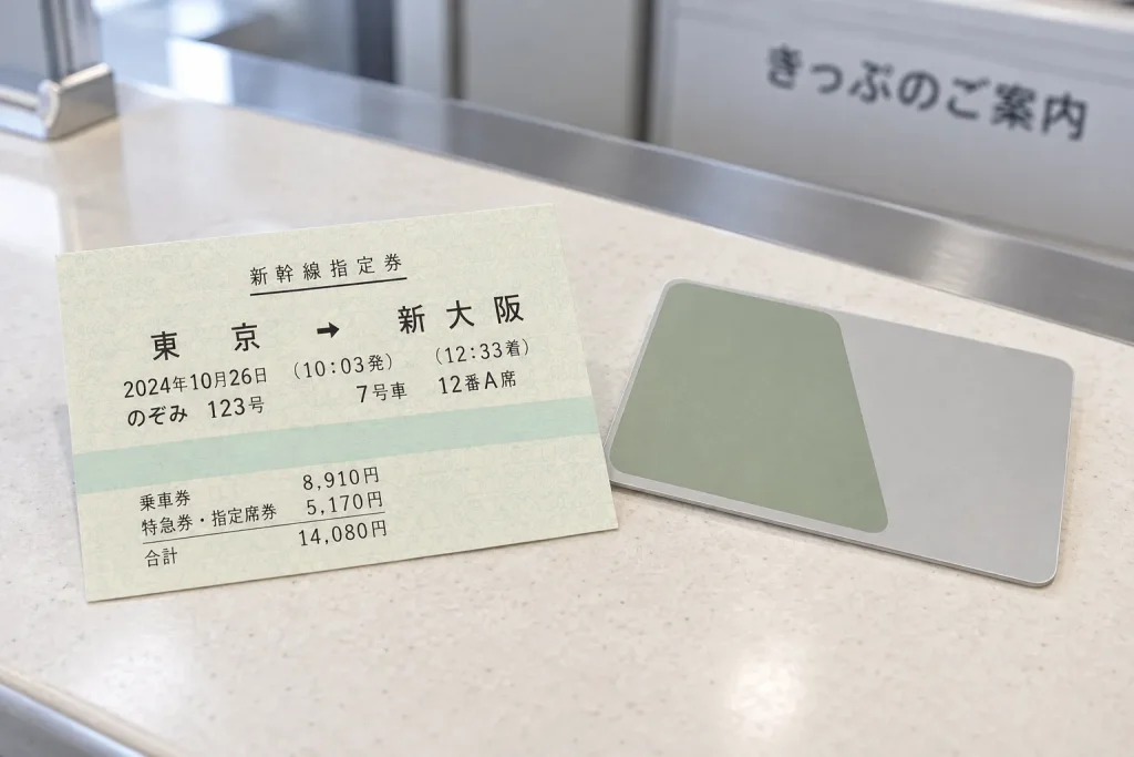 A Shinkansen ticket showing the separate fare and reserved-seat information beside an IC card