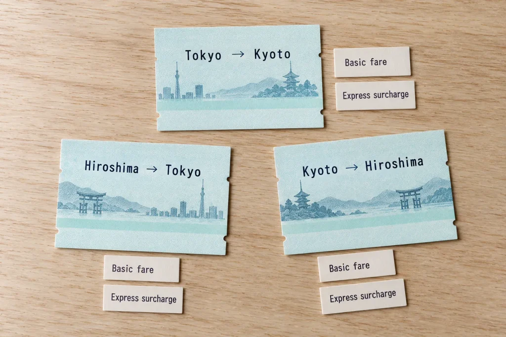 Three JR journey tickets arranged by route with basic-fare and express-surcharge components clearly separated