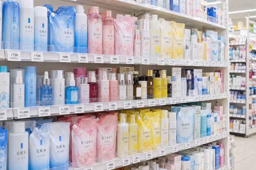 A Matsukiyo skincare aisle showing Japanese lotion, serum, refill, and quasi-drug shelf labels