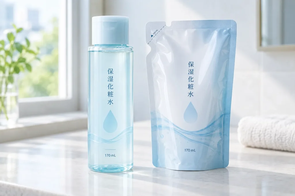 Hada Labo Gokujyun Hyaluronic Lotion N beside its refill package, with the 170 mL size visible