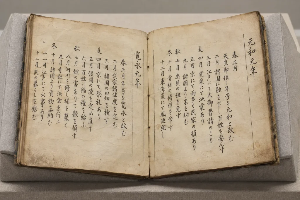 A dated scroll detail showing the transition between two short premodern eras