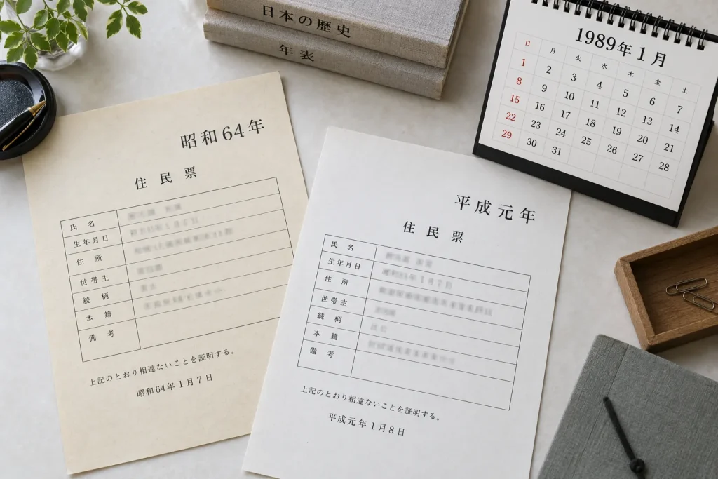 Japanese documents dated Shōwa 64 and Heisei 1 beside a modern calendar