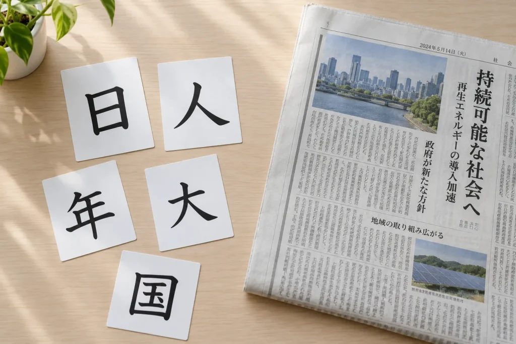 Frequency-ranked kanji study cards beside a Japanese newspaper page