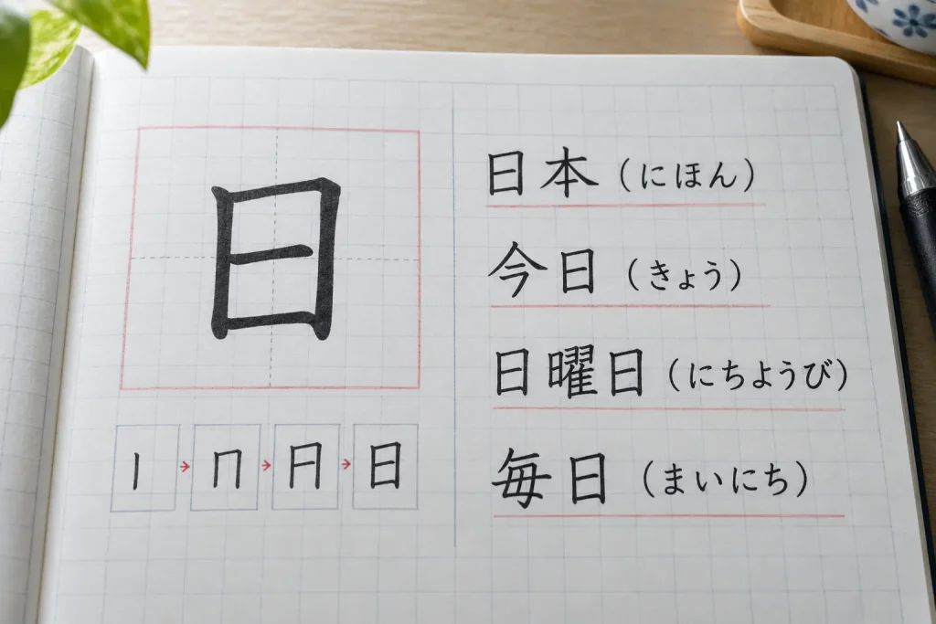 One kanji notebook entry connecting 日 to several complete Japanese words