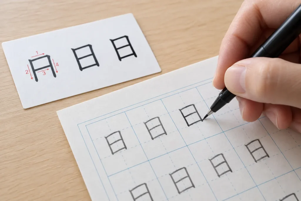 A learner writing one kanji in standard stroke order beside printed font variants