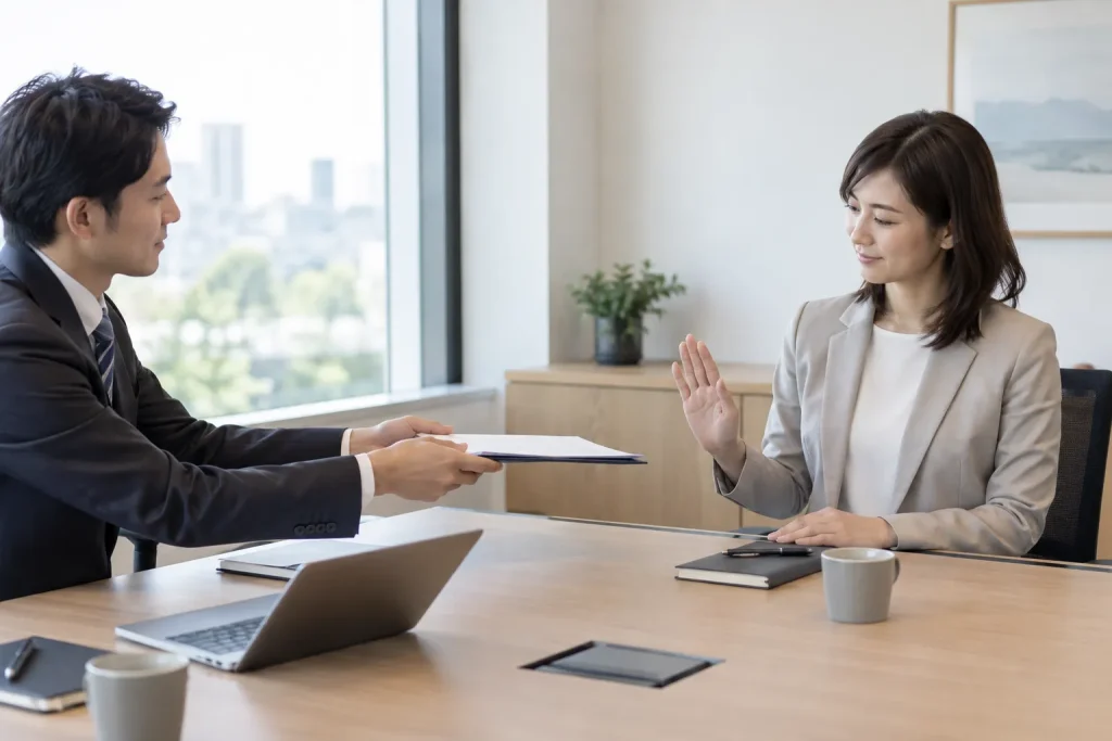 A formal offer being declined during a quiet business meeting