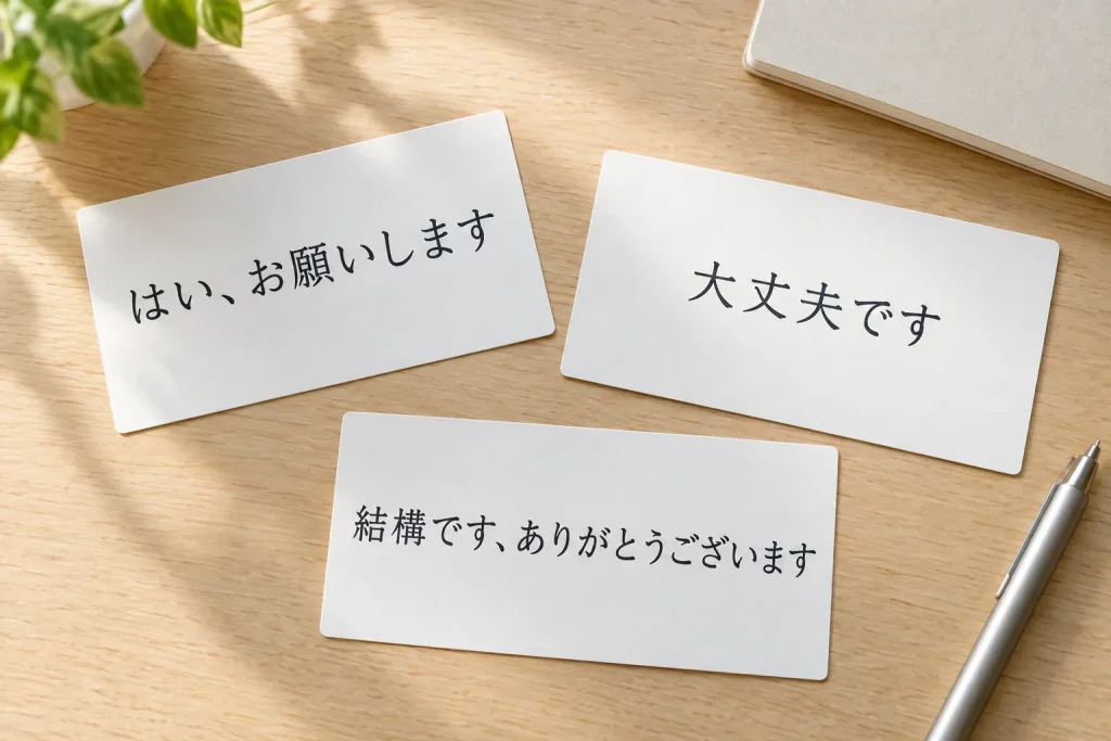Three Japanese response cards for accepting, declining softly, and declining firmly