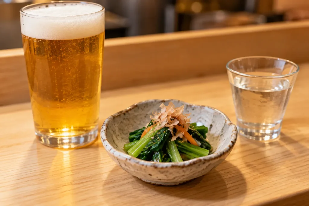 A small vegetable otoshi served beside drinks at an izakaya table