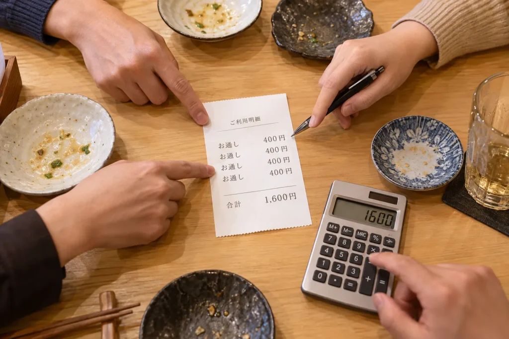 A group checking an izakaya bill with separate otoshi charges for each diner