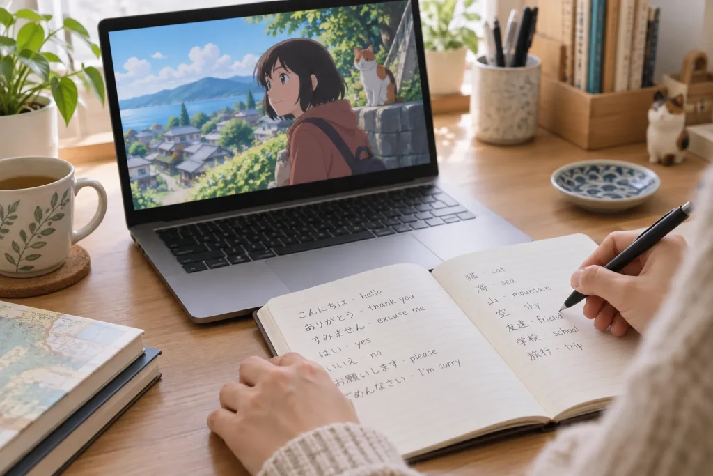 A learner watching Japanese animation while keeping a vocabulary notebook open