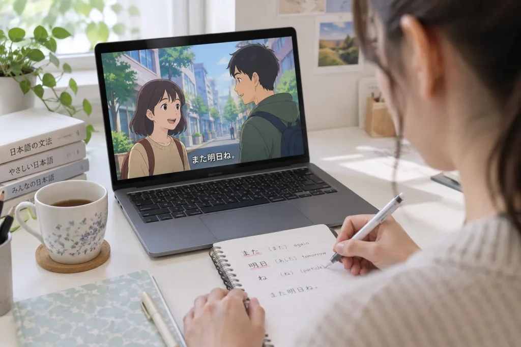 Japanese subtitles displayed beneath animated dialogue while a learner marks the matching words in a notebook.
