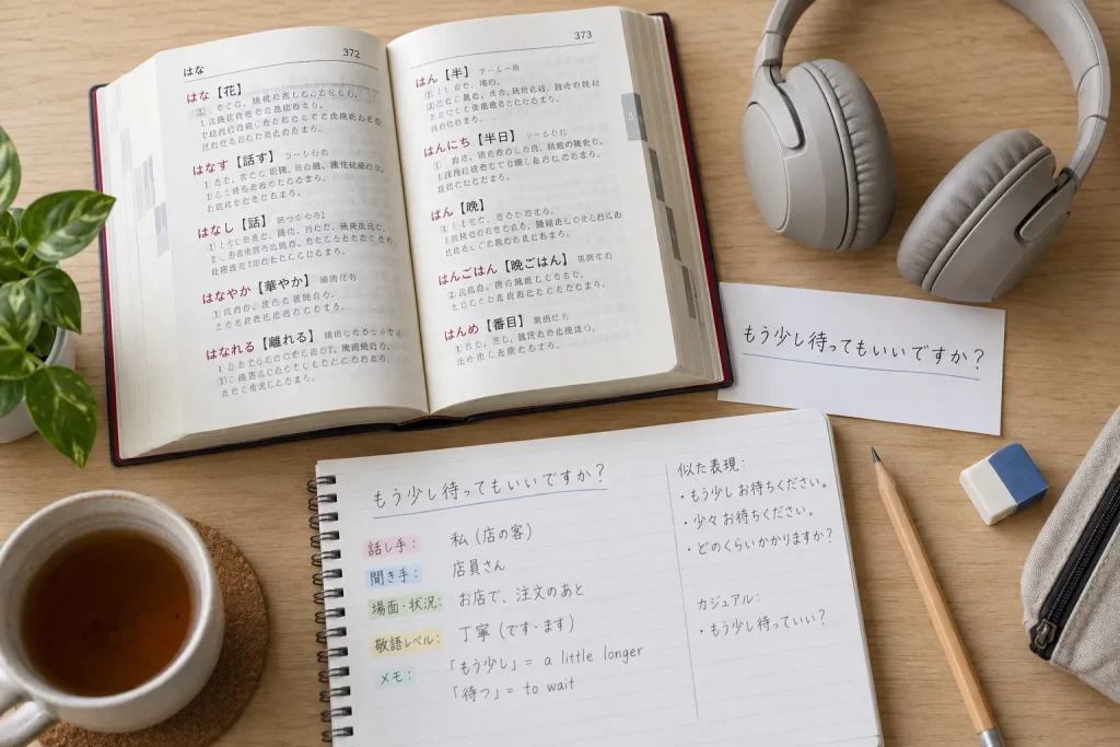 One short Japanese subtitle line being checked against a dictionary entry and handwritten register notes