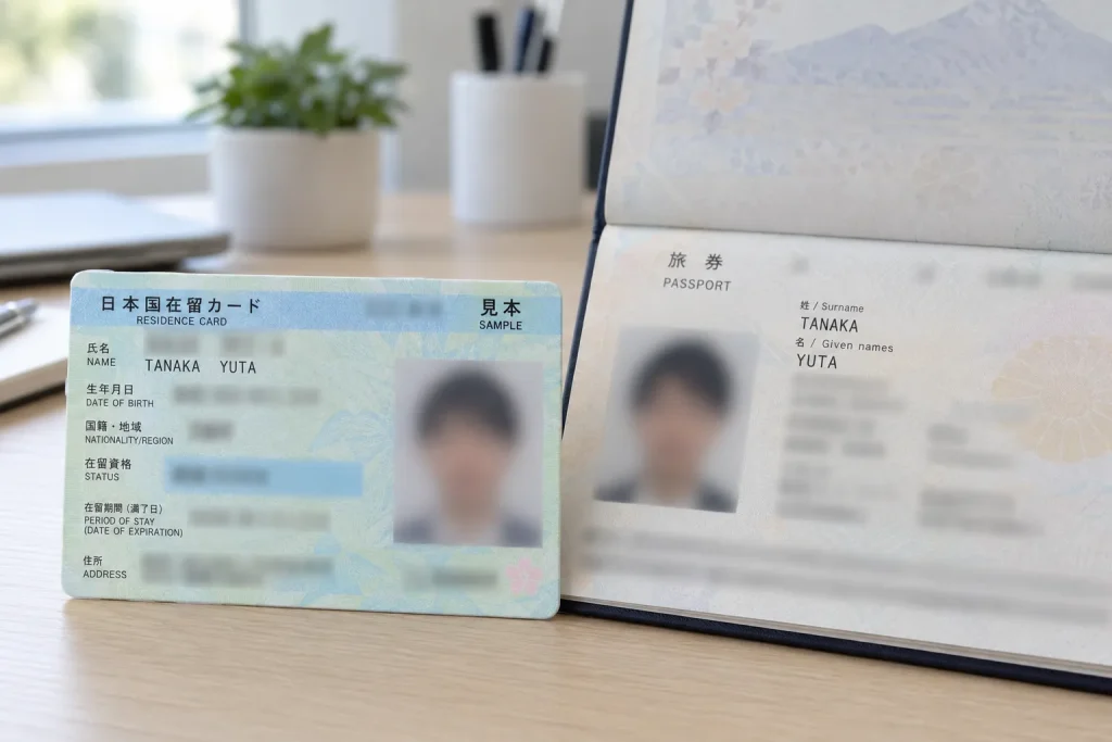 Front of a sample-style residence card with personal information obscured, beside a passport opened to its identity page