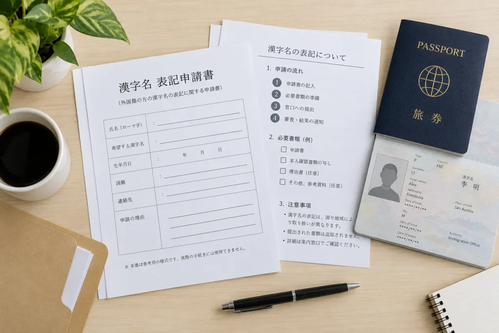  Official kanji-name notation request materials arranged beside a passport containing a Chinese-character name