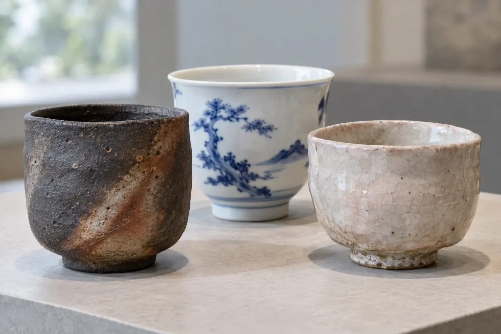 Bizen, Arita, and Hagi drinking vessels arranged together with regional labels