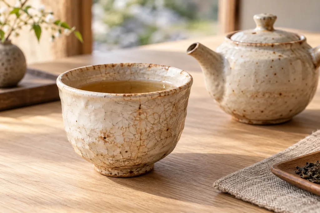 Close view of fine glaze crazing and gradual tea staining on a Hagi cup