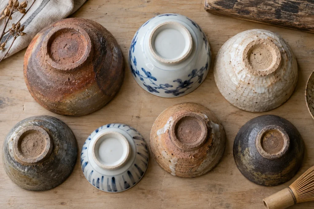 Undersides of several ceramic vessels showing clay bodies, glazed feet, and maker marks