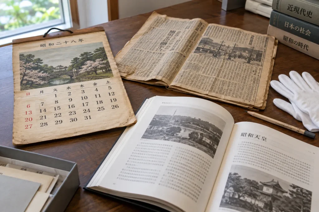 A Showa-era calendar, historical newspaper, and modern Japanese reference labeled 昭和天皇