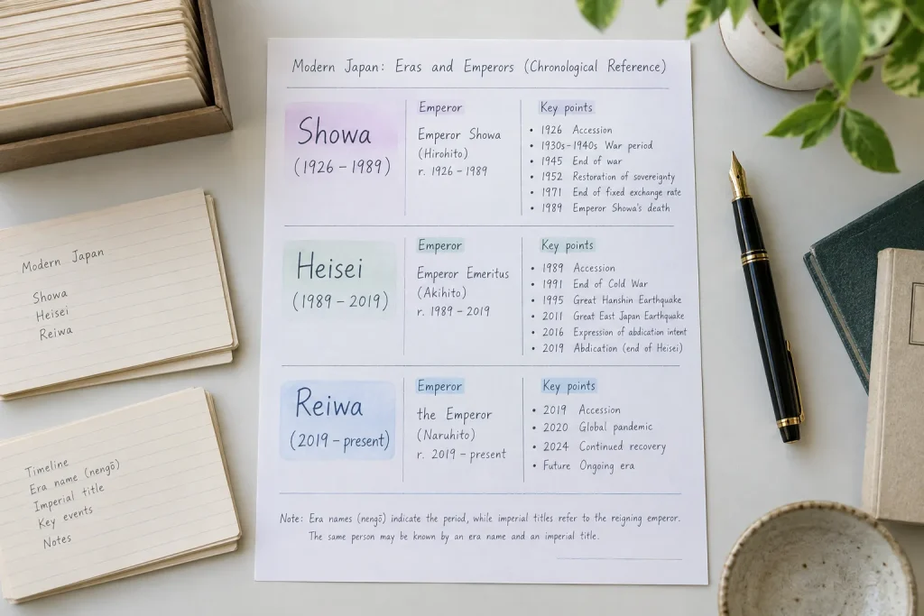 A chronological reference card separating Showa, Heisei, and Reiwa era labels from imperial titles