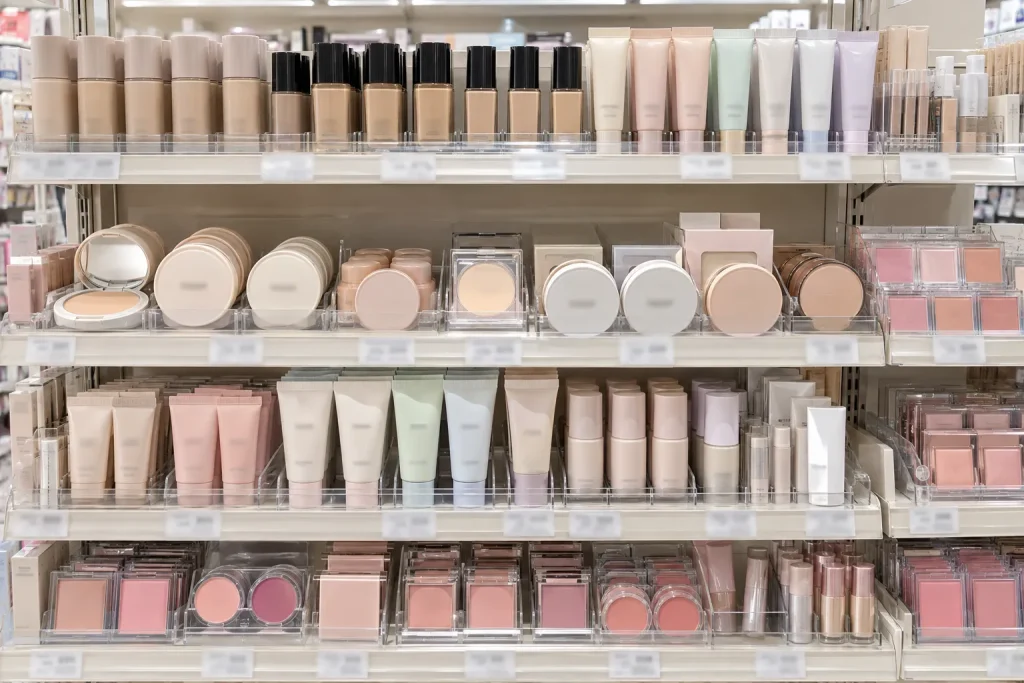 A Japanese drugstore display containing base makeup, powder, foundation, and blush