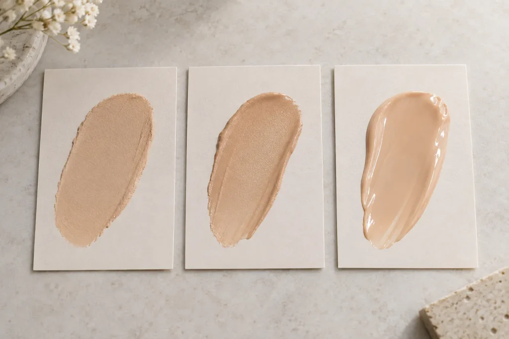 Three makeup finishes on labeled sample cards: matte, satin, and luminous