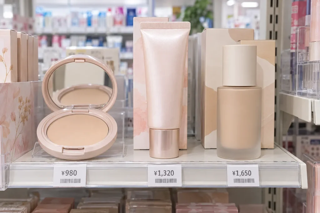 Canmake powder, Cezanne luminous base, and Excel skin tint with their Japanese shelf-price labels visible