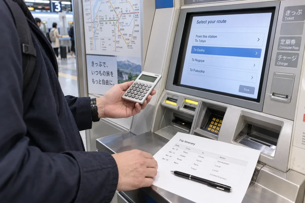 A JR ticket machine displaying route choices beside a paper itinerary and calculator