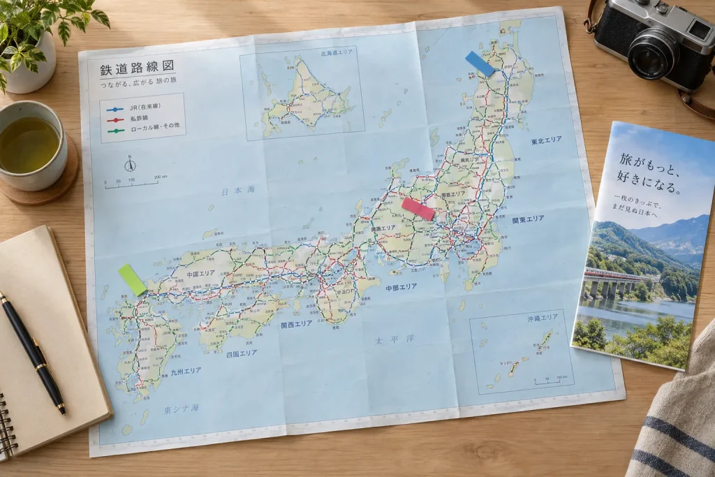 A traveler’s rail map with JR routes, private railway routes, and uncovered connections marked in different colors