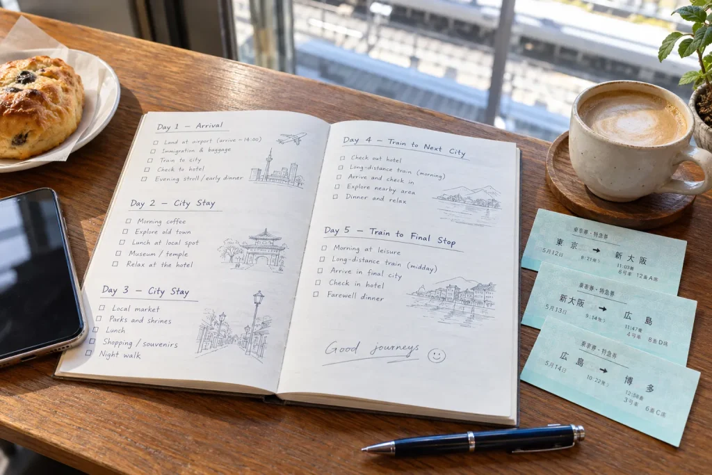  A five-day travel calendar showing an airport arrival, city days, and a later block of long-distance train journeys